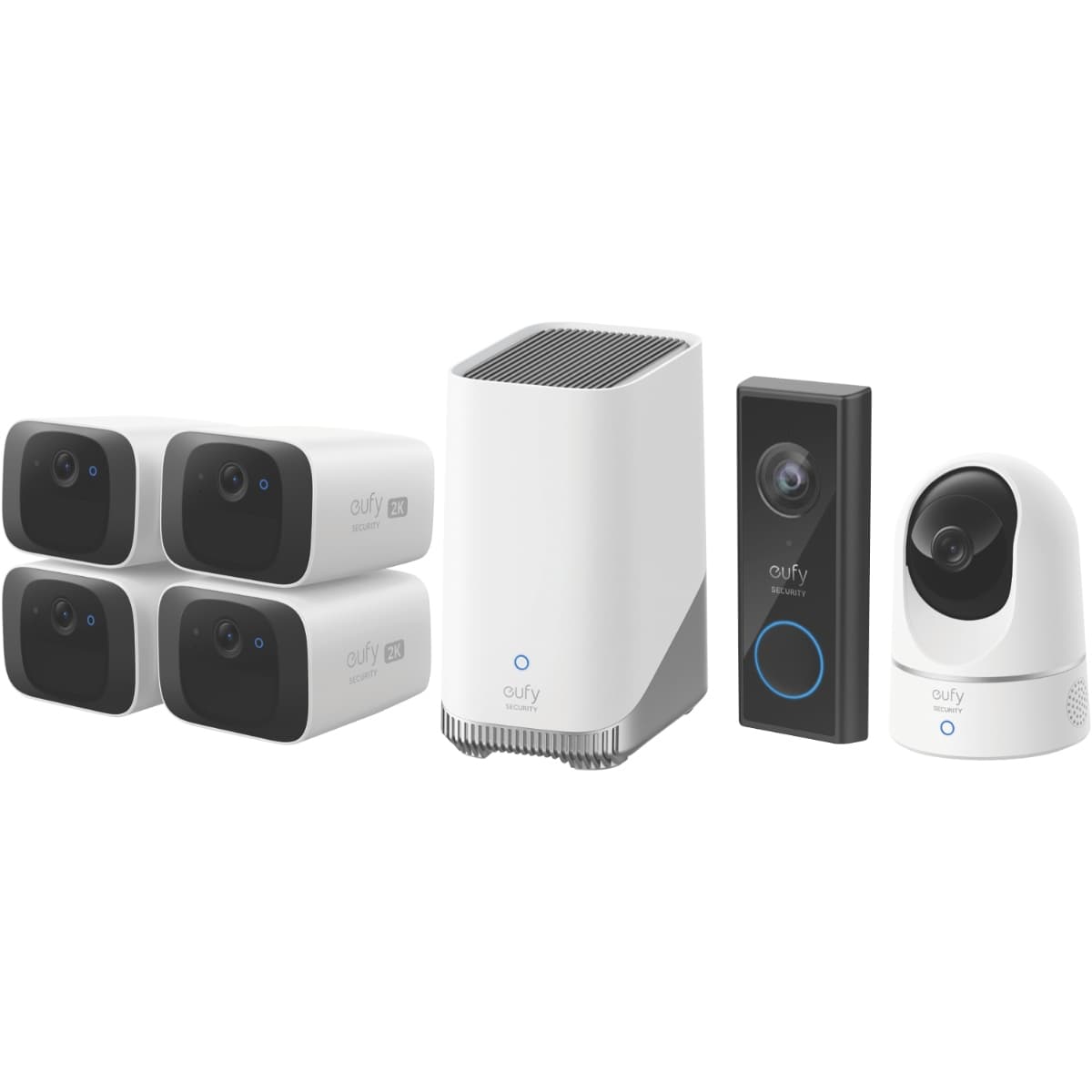 EUFY 4-IN-1 HOME SECURITY ESSENTIALS KIT – 4X SOLOCAM C210, HOMEBASE 3 & 2K VIDEO DOORBELL